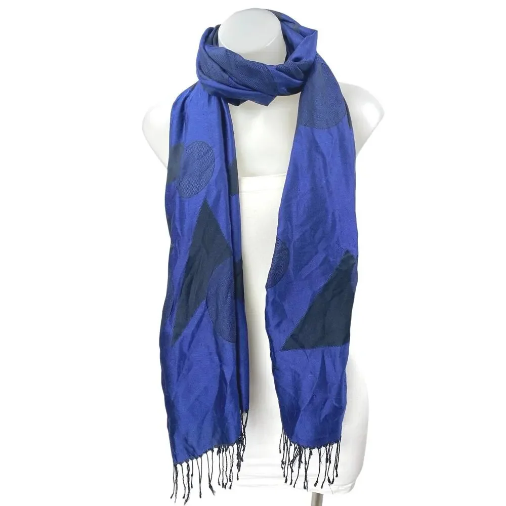 Women's Blue Black 100% Silk Shapes Abstract Fringe Shawl Wrap Scarf One Size
